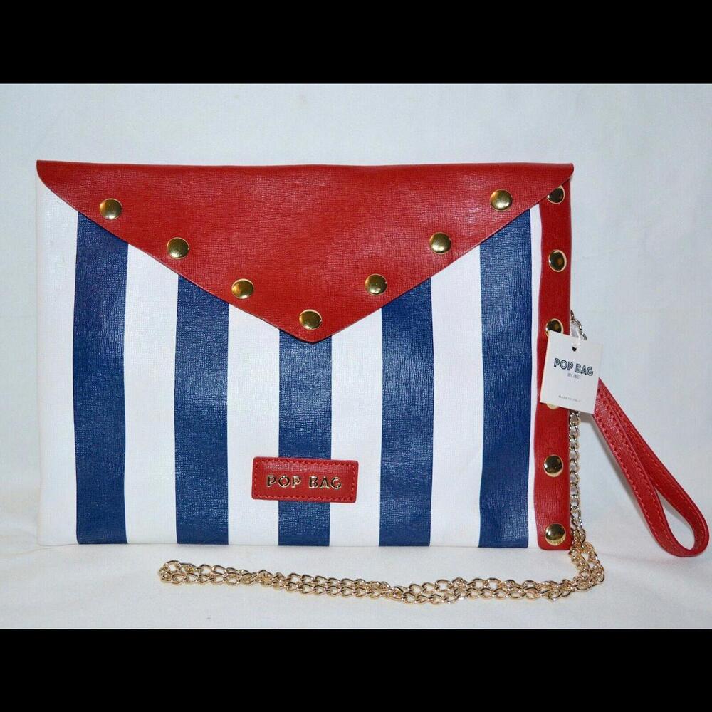 NWT POP BAG Stripe Saffiano Leather Envelope Clutch Womens Wristlet Handbag